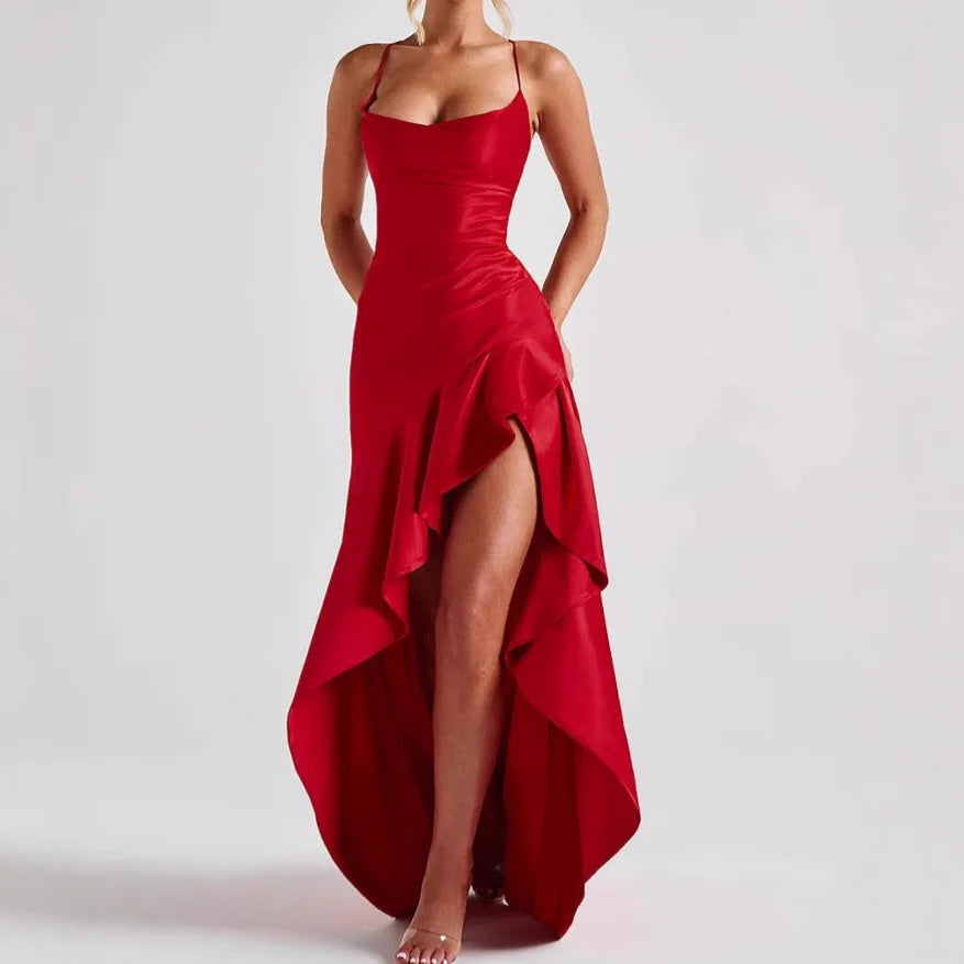 Summer Top Sexy Women's Straightening Strap Back Ruffle Irregular Dress