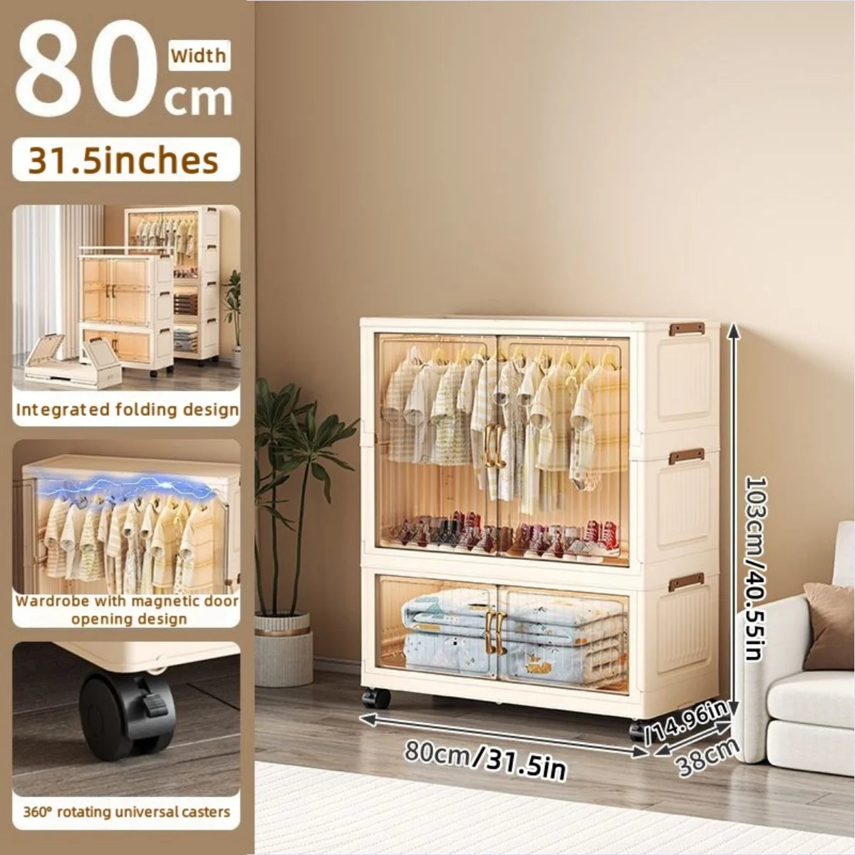 80cm no-installation folding storage cabinet, bedroom children's wardrobe, multi-layer storage box with wheels