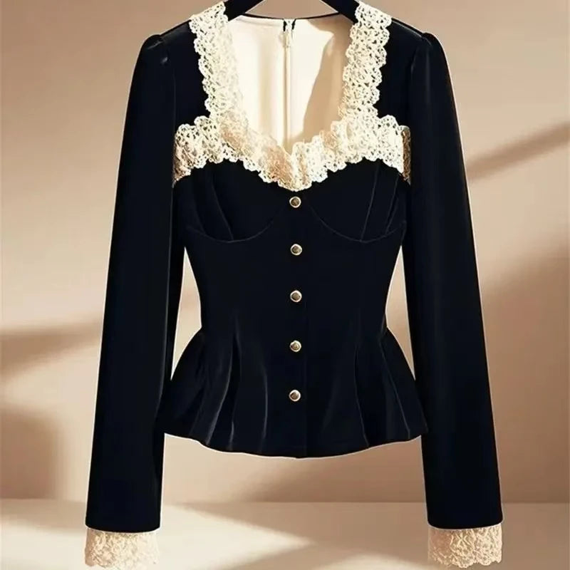 Luxury French Black Velvet Shirt Square Collar Lace Patchwork Blouse Women Slim Waist Zipper Tops Autumn Royal Style Office Lady