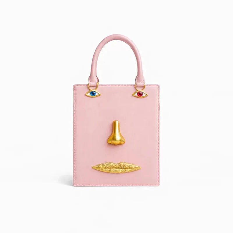 Gold-Tone Leather Face Bag Geometric Motif — Gold | KIMLUD
