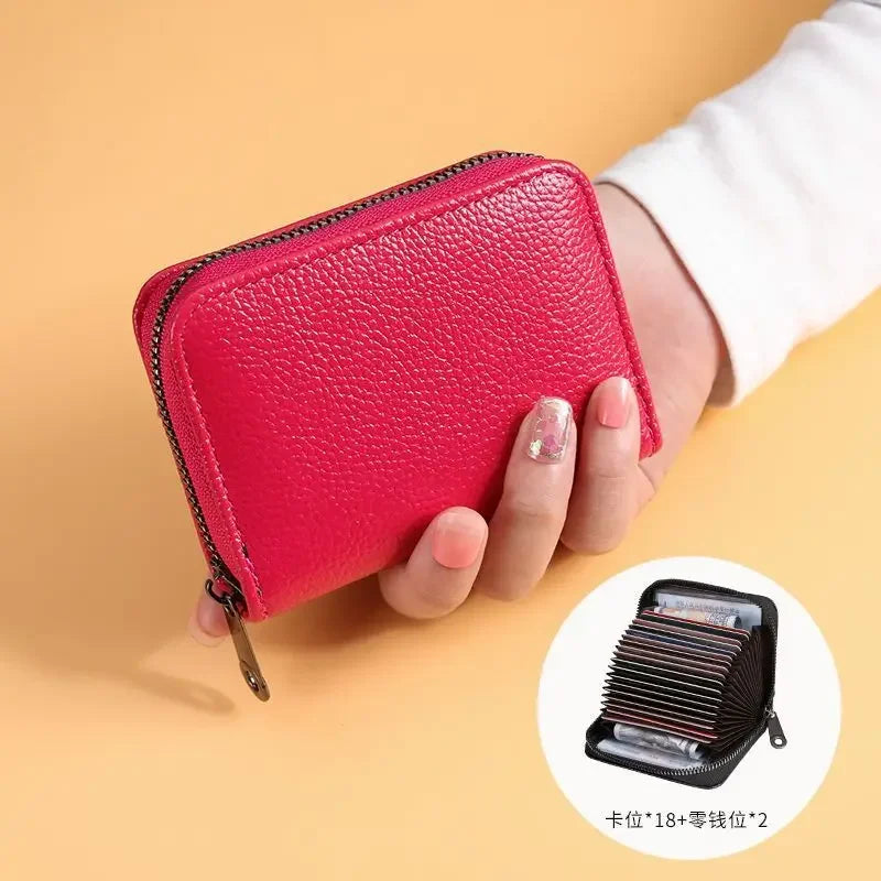 Vintage PU Leather Card Holder Wallet With Multi Slot Zipper — Black | KIMLUD