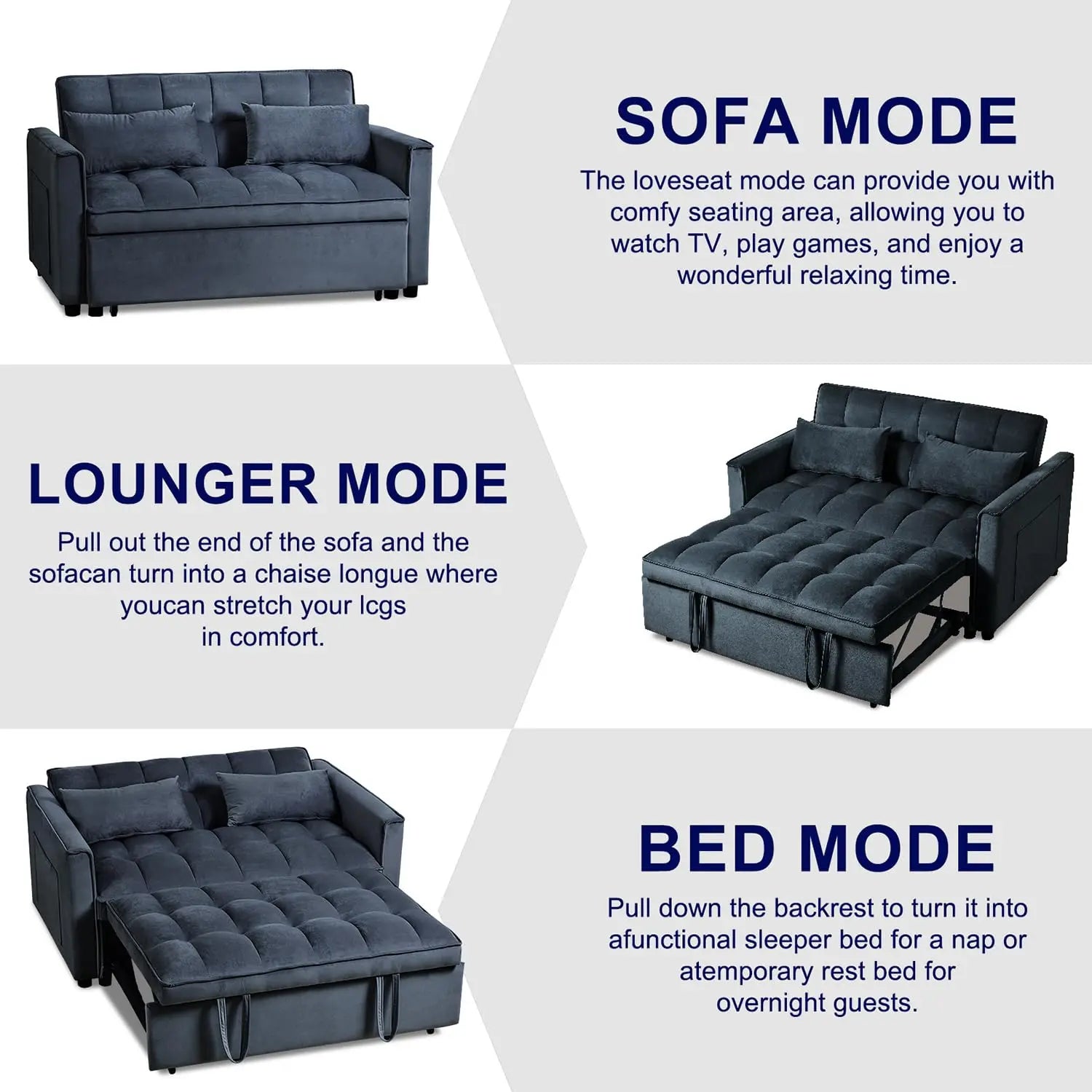 Velvet Sofa Bed 3-in-1 Convertible — Black | KIMLUD