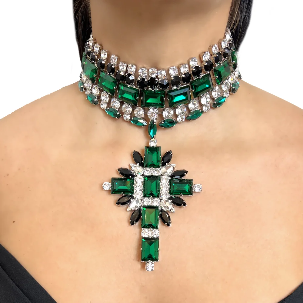 Green Corss Pendant Choker Bridal Collar Charms Party Accessories Statement Necklace Rhinestone Jewelry Pendant Wholesale Gift - KIMLUD
