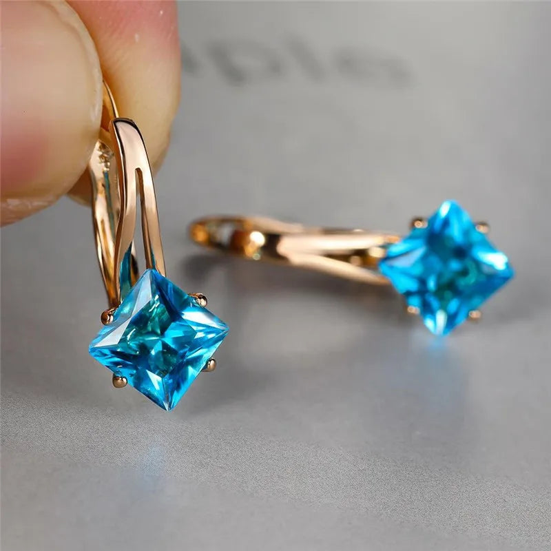 Rose Gold Hoop Earrings Square-Cut Cubic Zirconia — Rose Gold | KIMLUD