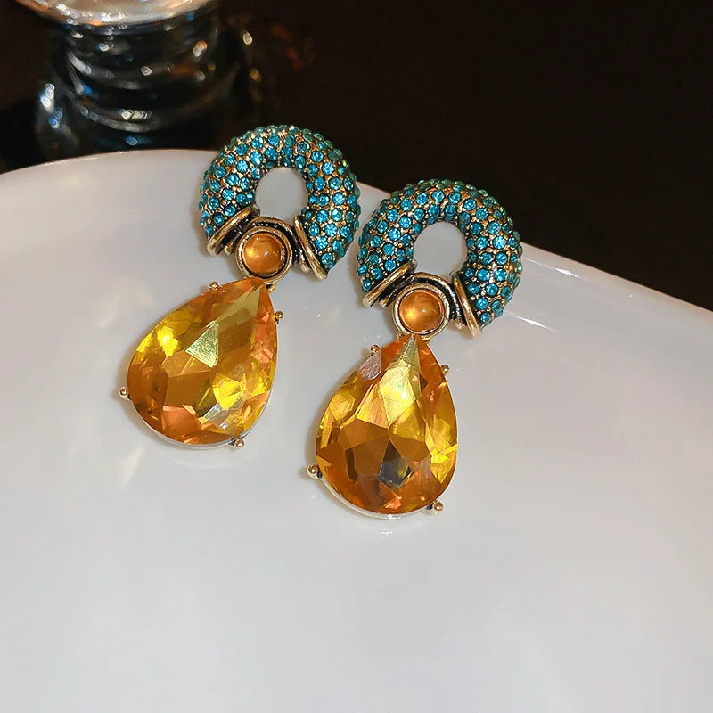 Crystal Water Drop Clip Earrings Round Rhinestones — Vintage Blue | KIMLUD