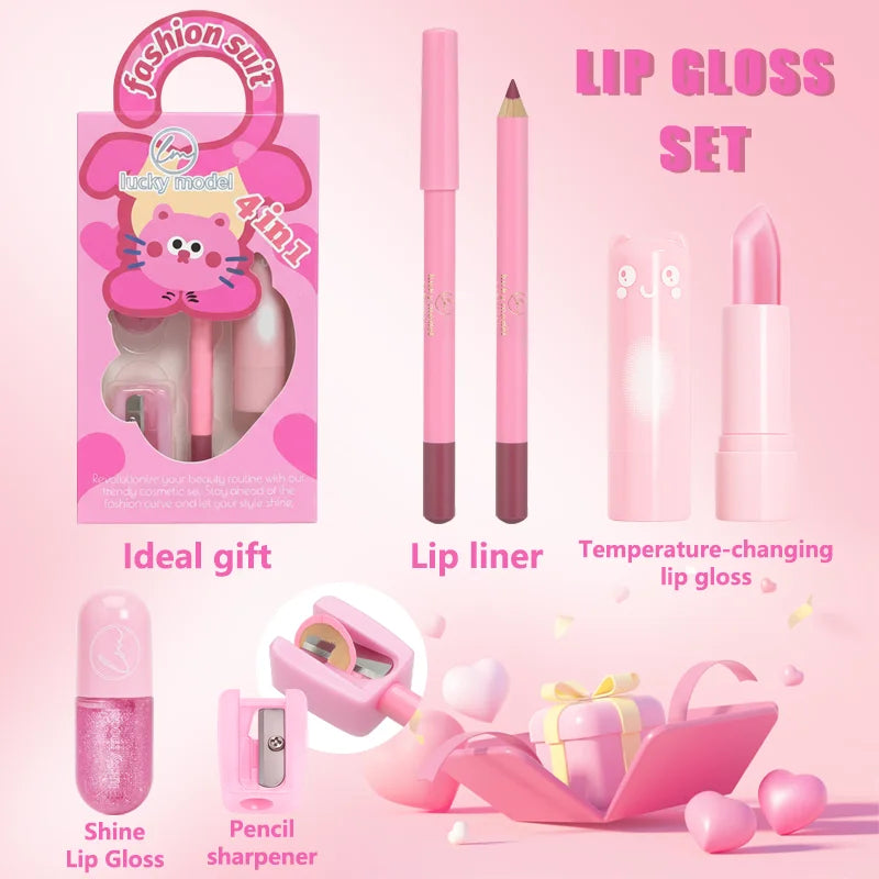 4 pcs Set Of Rich Lip Color Lipliner Lipstick Set Mirror Water Natural Long-Acting Lip Color Pearl Lip Glaze Christmas Gift