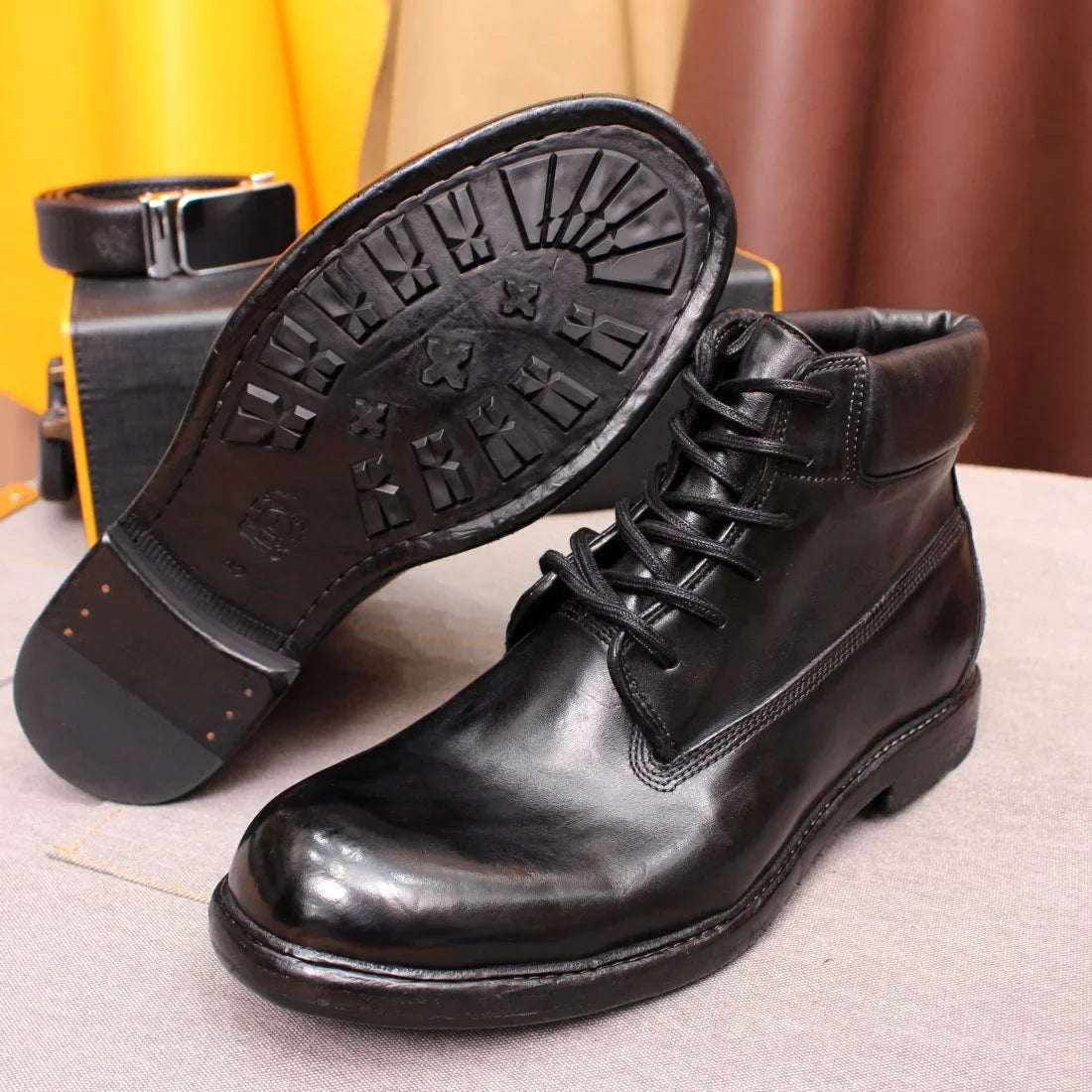 Men's British Style Ankle Boots Soft Handmade Genuine Leather Sole Windproof Comfortable Lace-up Winter Motorcycle Shoes