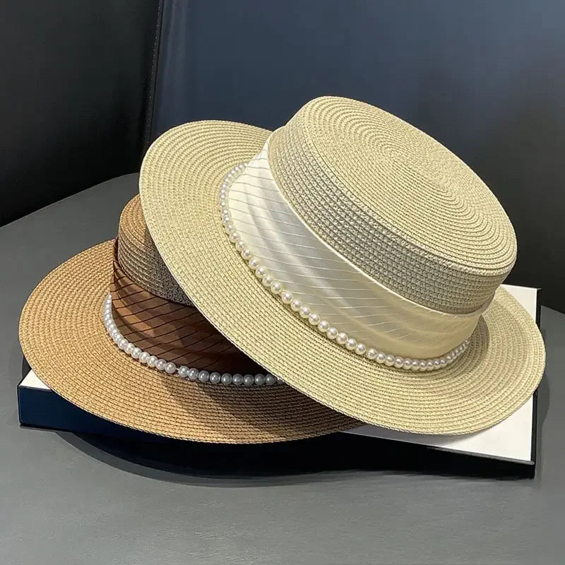 Straw Flat Sun Hat Pearl Chain — Natural Beige | KIMLUD
