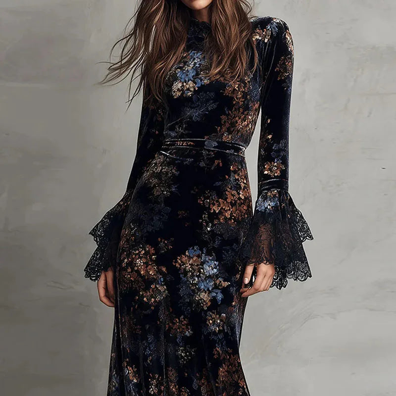 Velvet Floral Print Maxi Dress With O-Neck Empire Waist Long Sleeves — Black | KIMLUD