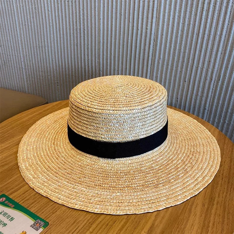 Ribbon Boater Straw Hat Sun Protection — Natural | KIMLUD