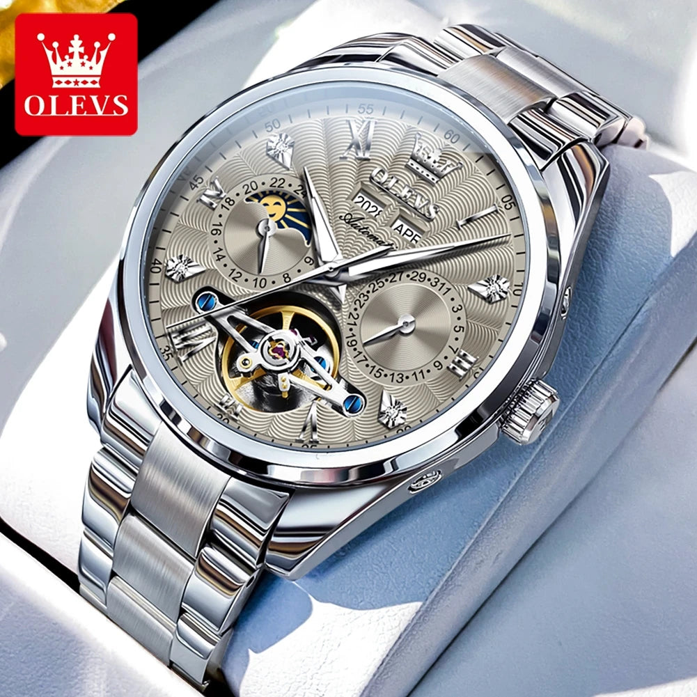 OLEVS Men's Watches Tourbillon Style Trend Fashion Original Automatic Mechanical Wristwatch Waterpoorf Luminous Moon Phase Clock