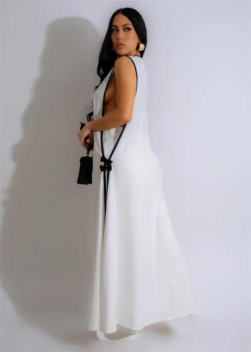Bow Tie Matching Sets V-Neck Sleeveless Top And Wide-Leg Pants — Black | KIMLUD