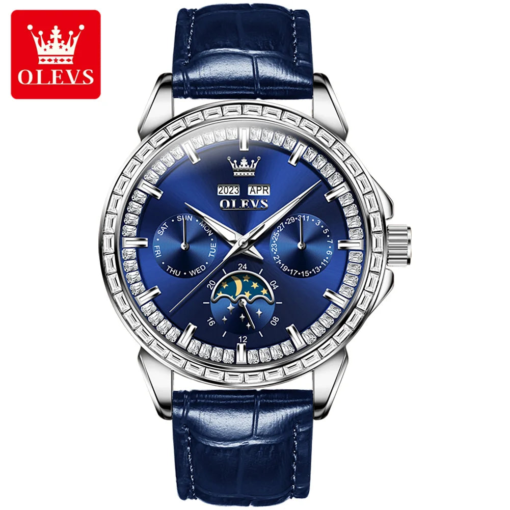 Leather Strap Watch Moon Phase Dial — Sapphire Blue | KIMLUD