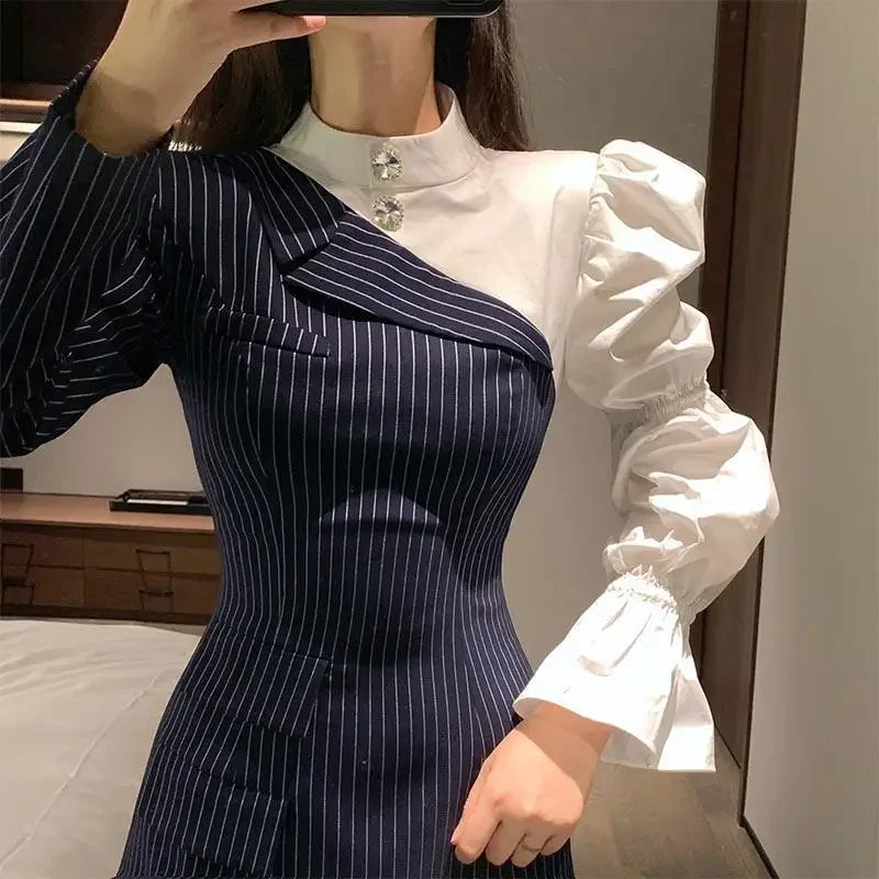 Hikigawa Chic Fashion Women Elegant Patchwork Striped Dresses Office Lady Early Autumn Vintage All Match MIni Vestidos Mujer
