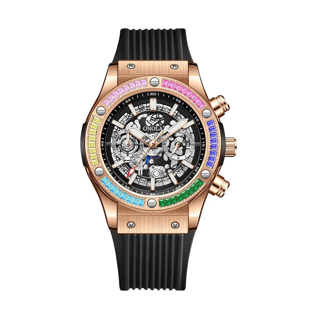 Silicone Strap Rainbow Diamond Watch 45mm Hardlex Dial, Date, Luminous Hands, 3Bar Water Resistant — Rainbow | KIMLUD
