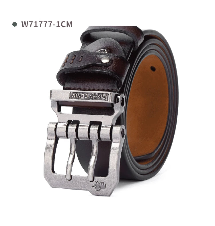 Split Leather Belt Vintage Pin Buckle 3.8 Cm Wide For Men — Black Coffee | KIMLUD