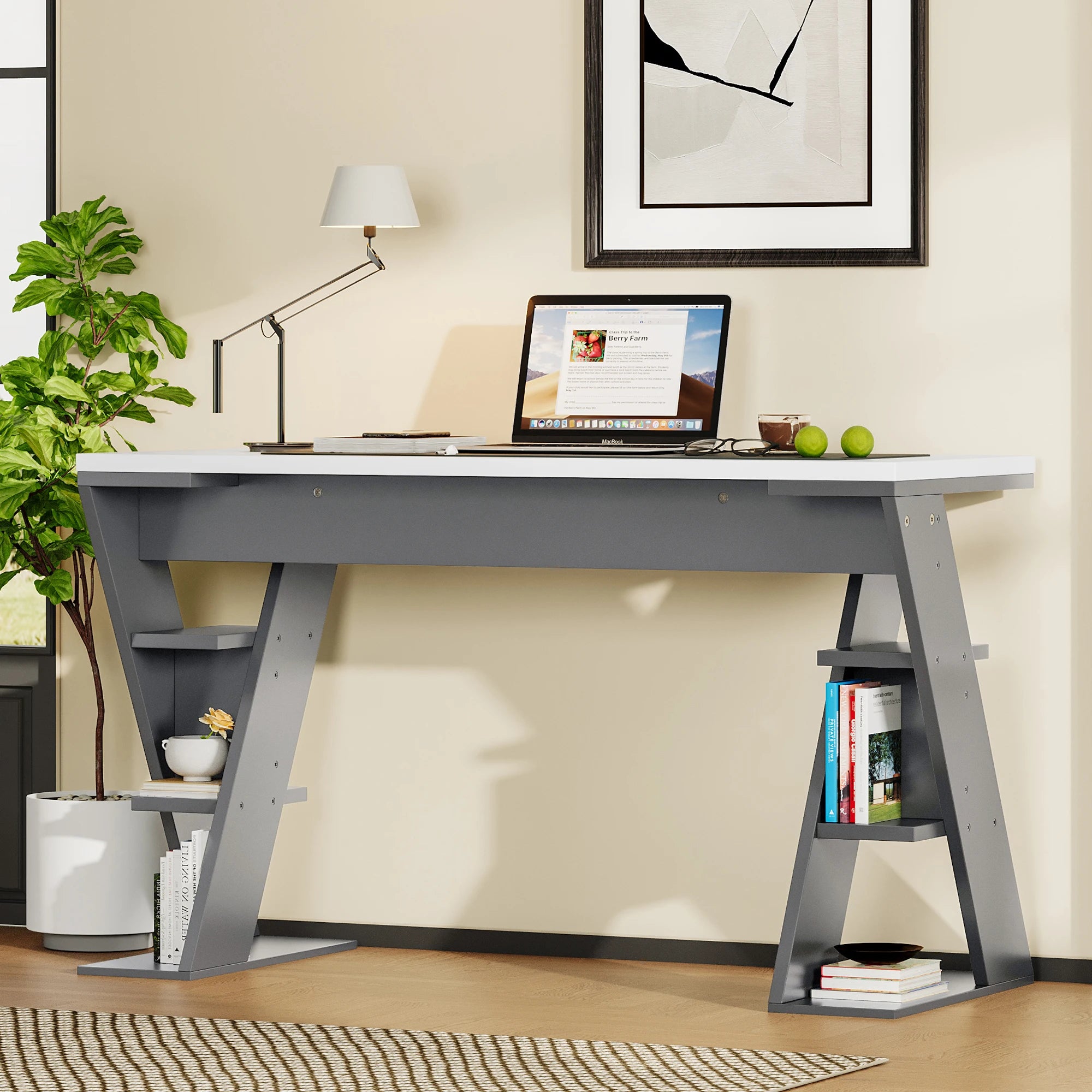 HOUSE SPOLE Computer table with X-shaped bracket, office table with 6 storage rack, Grey