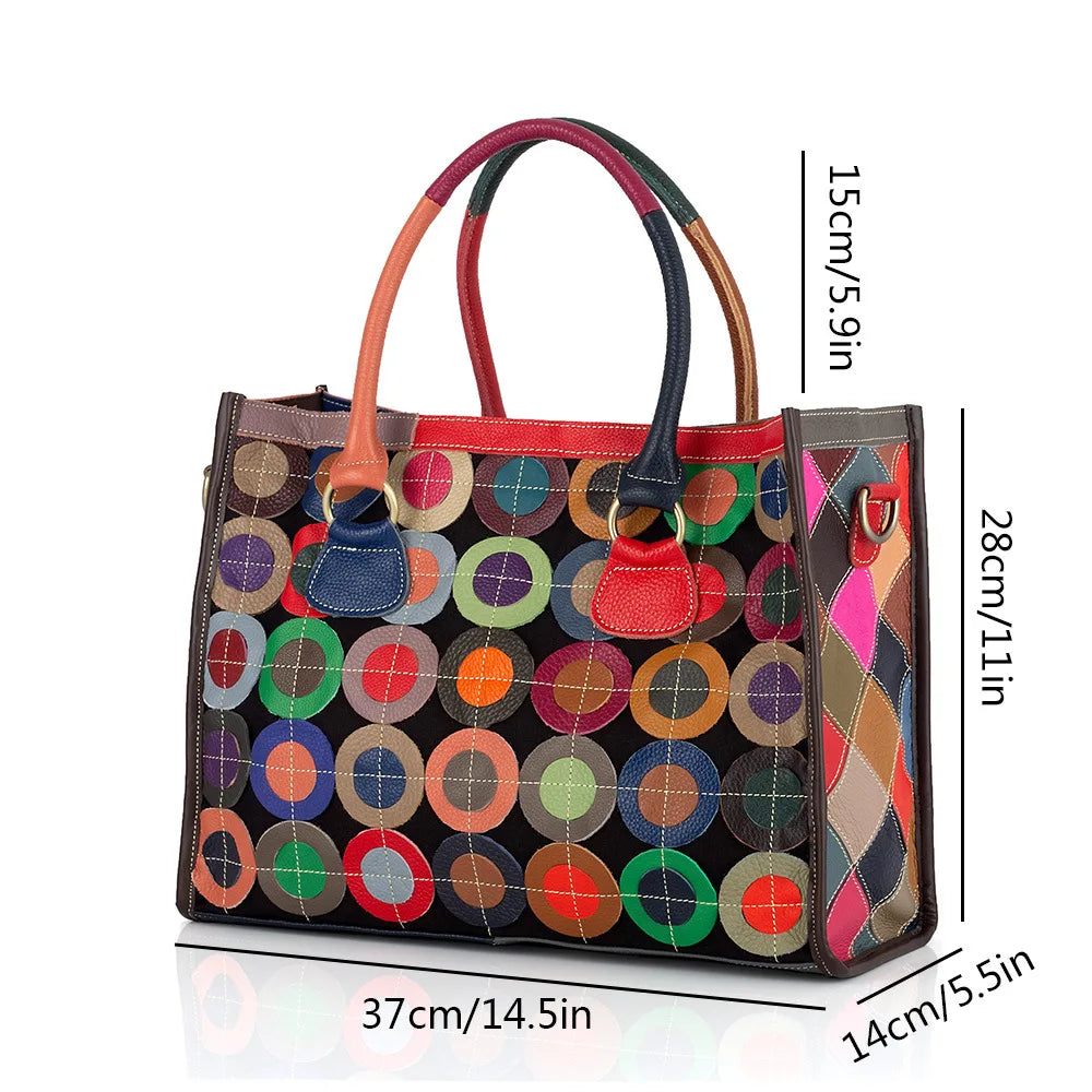Genuine Leather Color-Contrasting Tote Bag — Black | KIMLUD