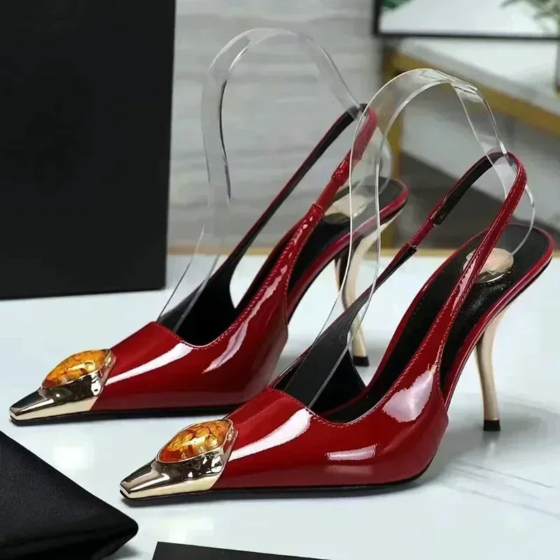 Metal Jewel Decoration Heels Pointed Toe Patent Leather — Black | KIMLUD