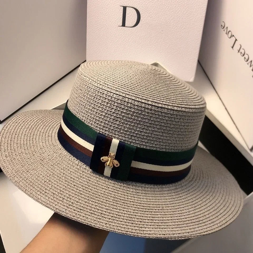Polyester Wide Brim Hat Striped Bee Embroidery — Multicolor | KIMLUD