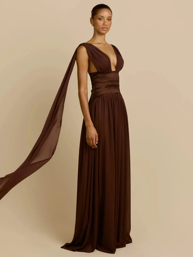 Evening Maxi Dress – Sexy Deep V-Neck Backless – Polyester | KIMLUD