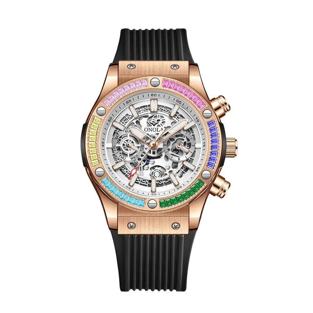 Silicone Strap Rainbow Diamond Watch 45mm Hardlex Dial, Date, Luminous Hands, 3Bar Water Resistant — Rainbow | KIMLUD