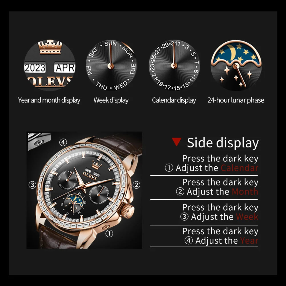 Moon Phase Mechanical Watch Leather Strap — Black | KIMLUD