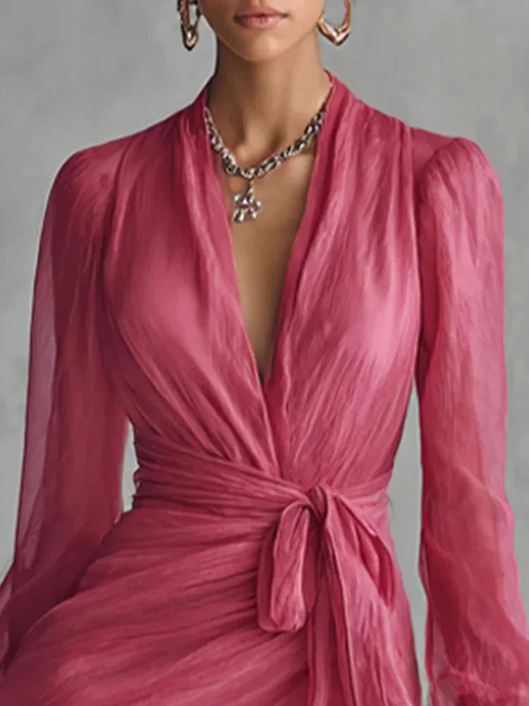 Maxi Dress – V Neck Lace-Up Detail – Polyester Silhouette – Solid Color | KIMLUD