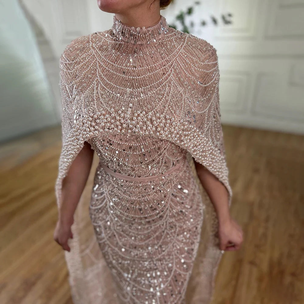 Beaded Gown With Mermaid Cape — Dubai Nude | KIMLUD