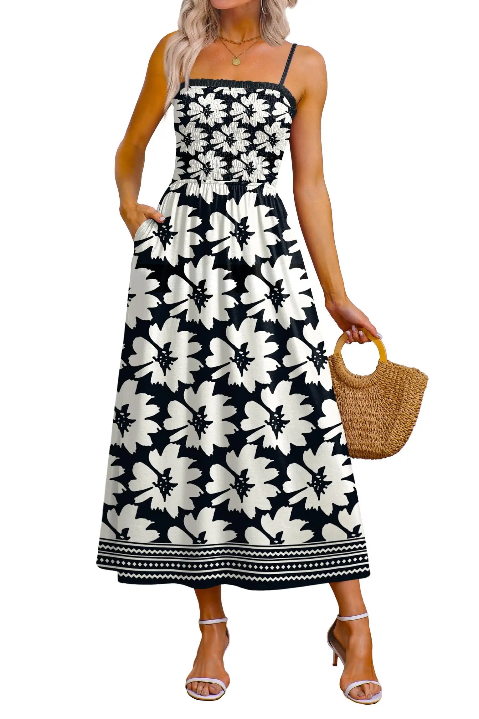 Spaghetti Strap Maxi Dress – Smocked Waist – Polyester Fiber | KIMLUD