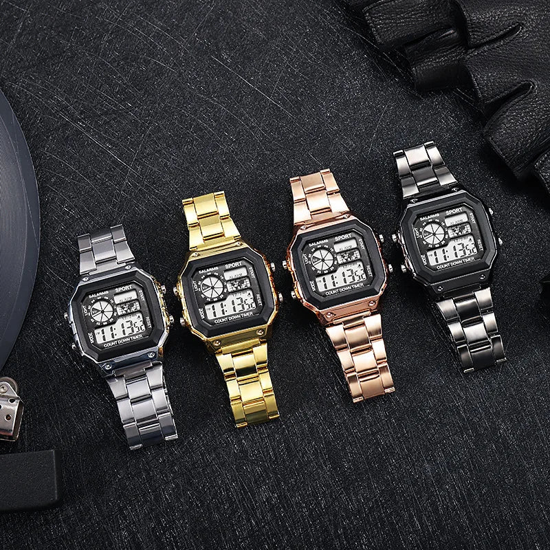 Stainless Steel Digital Watch Military LED Display — Silver | KIMLUD
