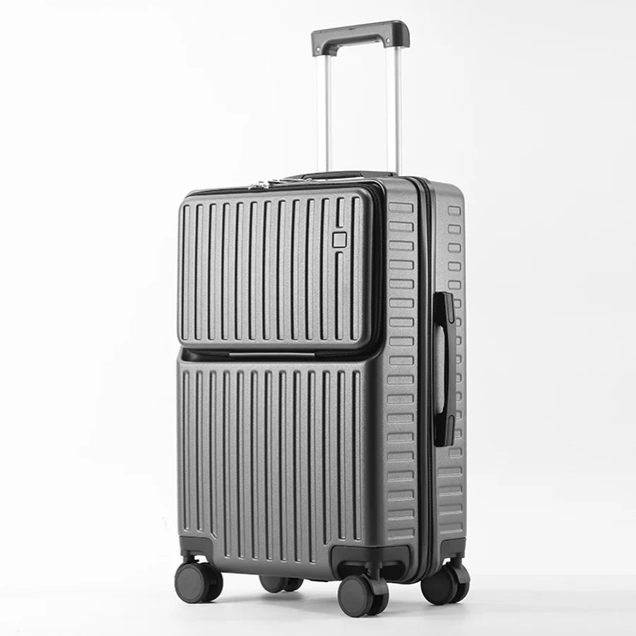 Independent Front Open Luggage Multi-functional Suitcase ABS+PC Cup Holder And Hidden Phone Stand Smooth Universal Wheel 20" 24"