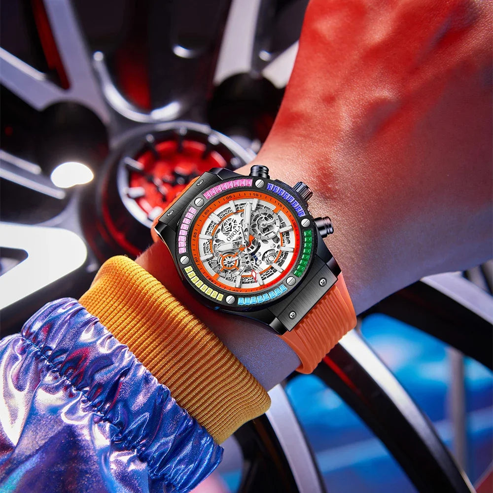 Silicone Strap Rainbow Diamond Watch 45mm Hardlex Dial, Date, Luminous Hands, 3Bar Water Resistant — Rainbow | KIMLUD