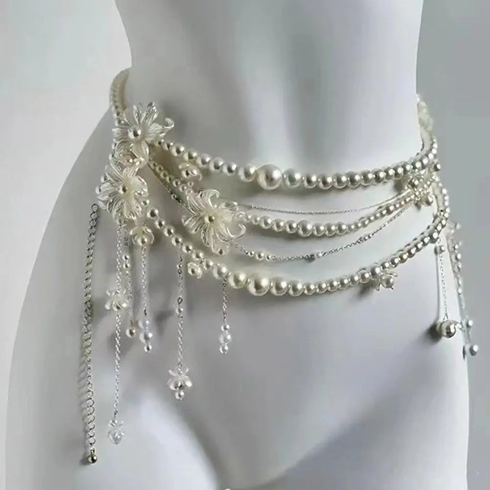 Fashion Y2K Retro Multilayer Pearl Waist Chain Belt For Women - Stylish Body Jewelry Accessories For Party & Casual Wear