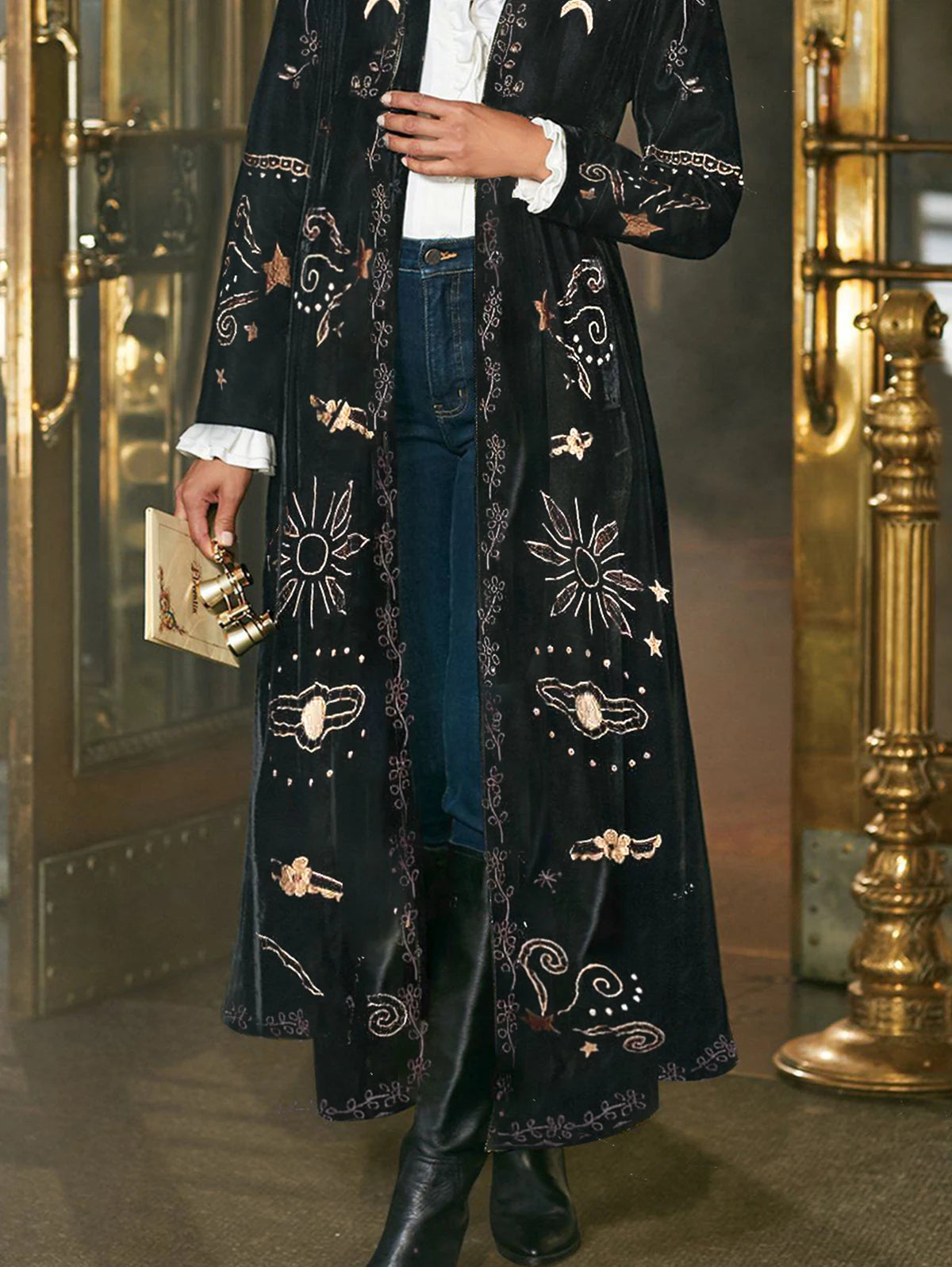 Spring Fashion Velvet Cardigan Coat Women Elegant Stand Collar Retro Printed Slim Long Sleeve Maxi Outerwear Coats Soft Jacket