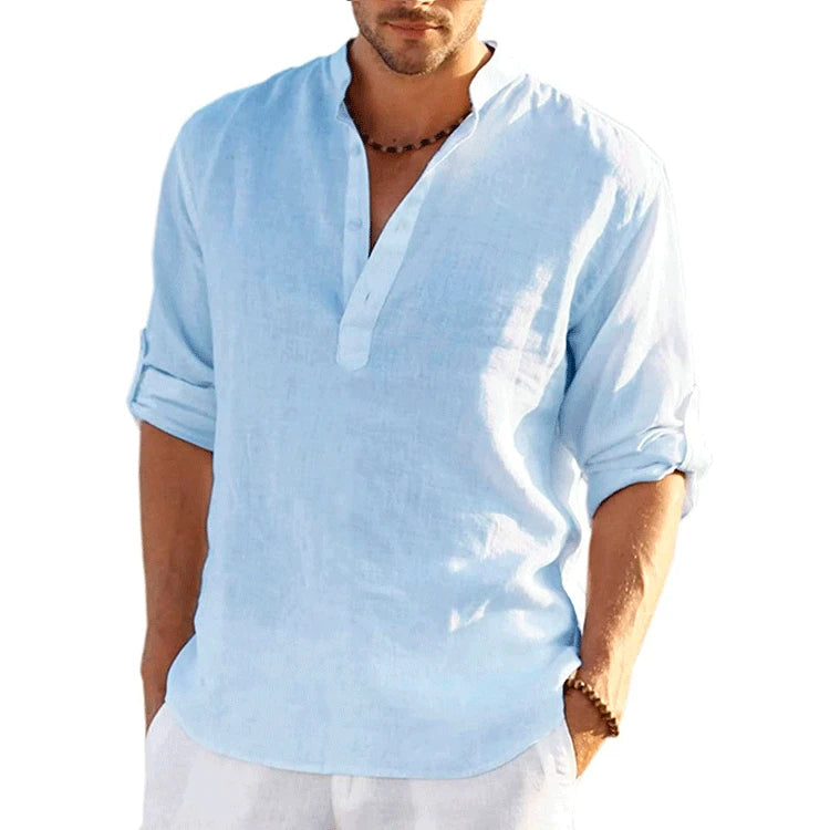 New Men's Linen Long Sleeve T-Shirt Solid Color Loose Casual Shirt Long Sleeve Cotton Linen Shirt - KIMLUD
