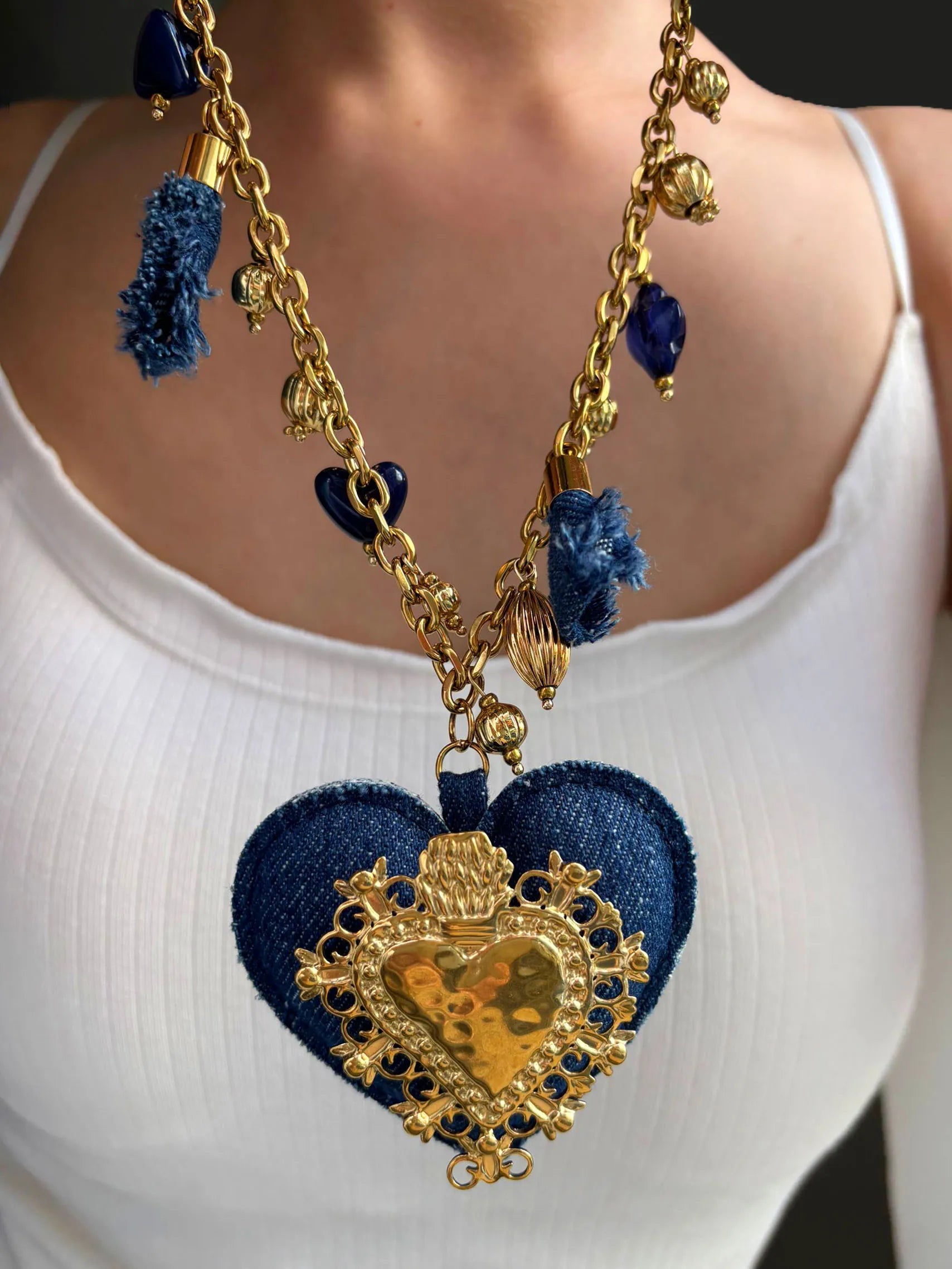 Heart Tassel Acrylic Pendant Necklaces Chain — Blue Denim | KIMLUD