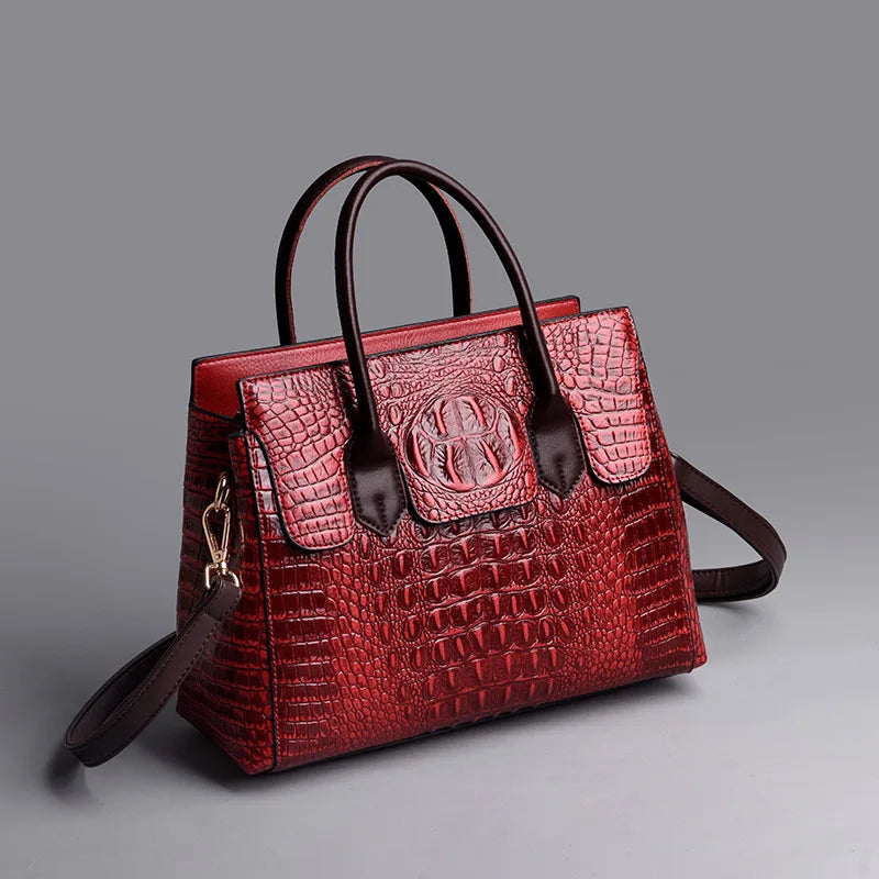 Genuine Leather Shoulder Bag Crocodile — Black | KIMLUD