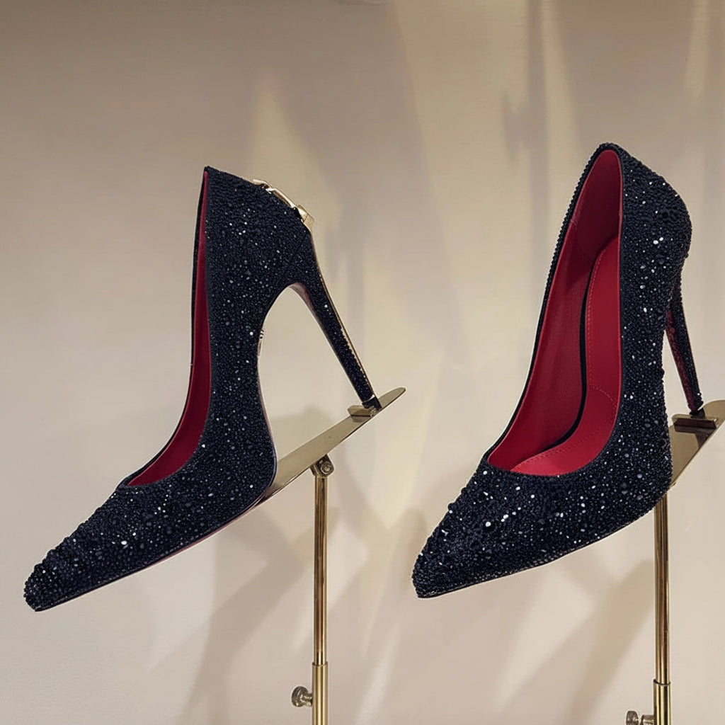 Leather Pumps With Metal High Heels Metal-Embellished Shaft Sculpted Pointed Toe — Gold | KIMLUD
