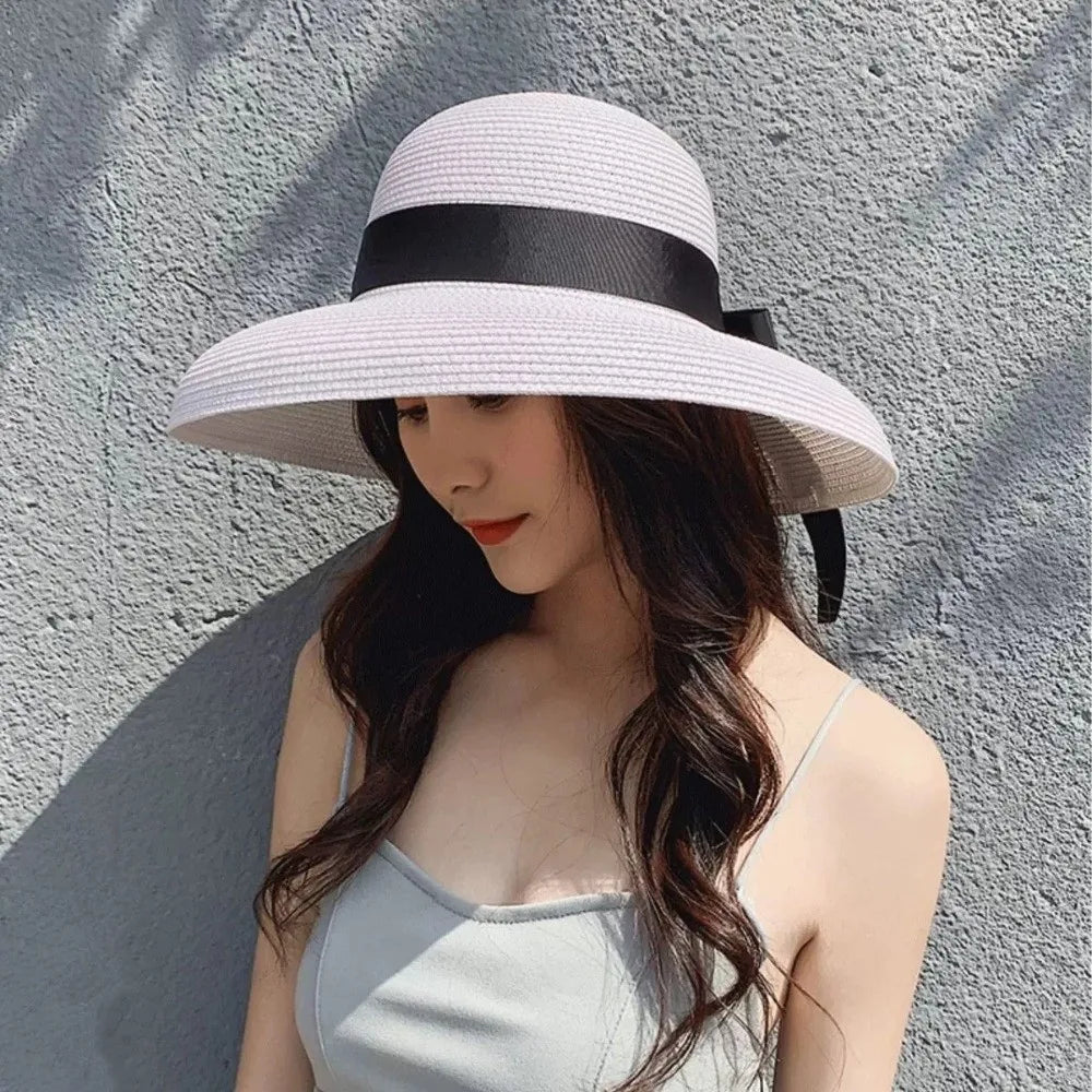 Vintage Breathable Straw Wide Brim Hat — Black | KIMLUD