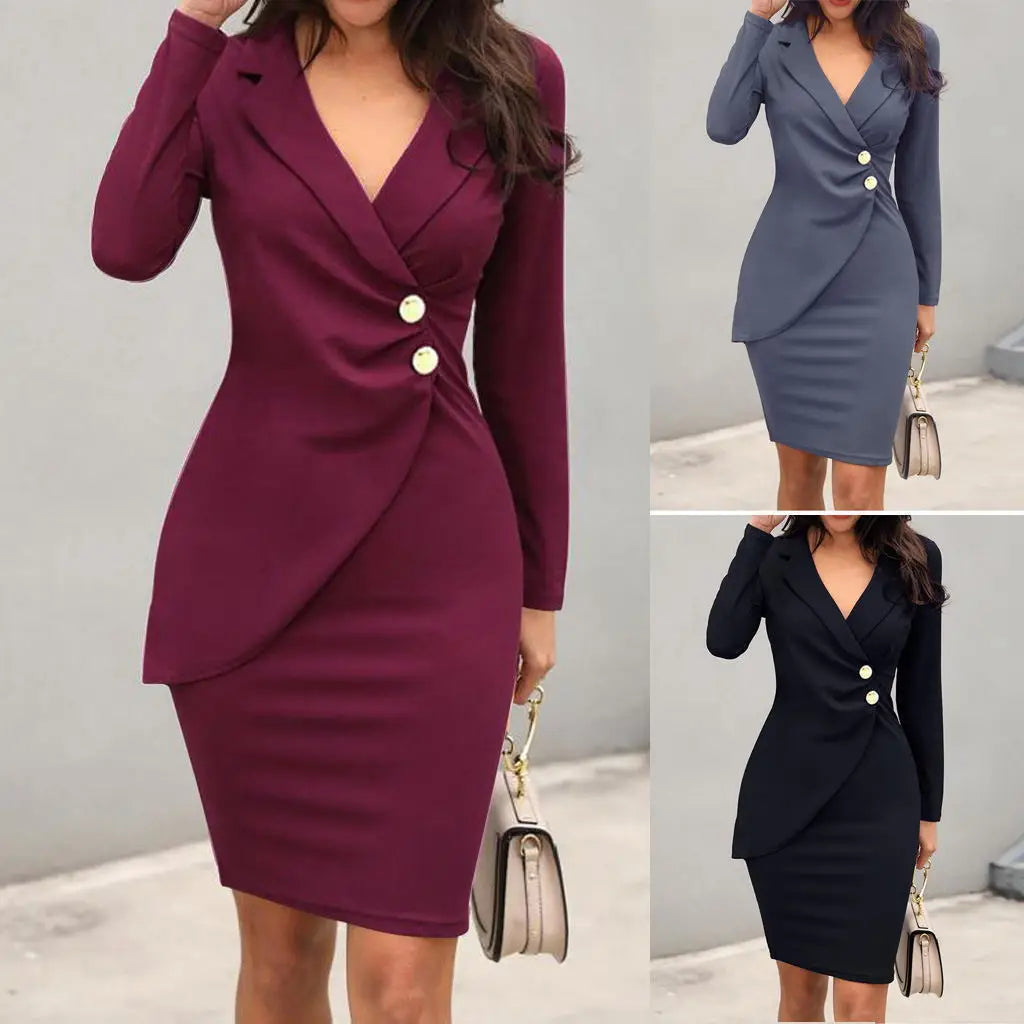 Lapel Long Sleeve Dress – Button Detail – Polyester | KIMLUD