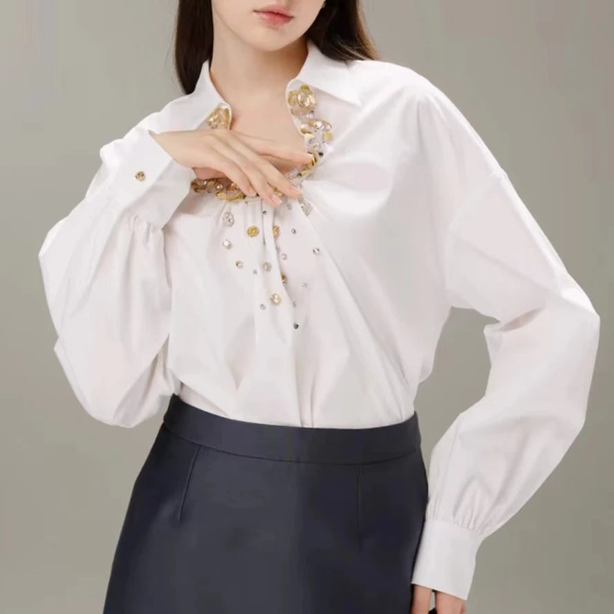 New In 2024 Autumn Sequined Stitch Cotton Shirts and Blouses Woman Elegant Top Blusas Women Clothes Office Lady Casual Shirts