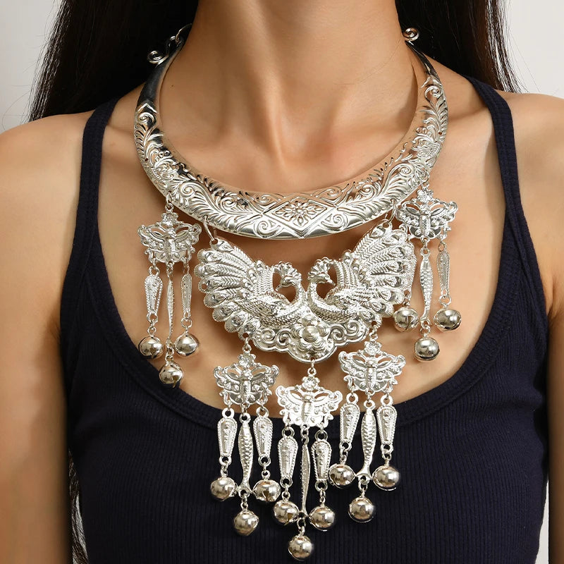 Layer Necklace - Ethnic Miao Retro - Zinc Alloy - Silver | KIMLUD