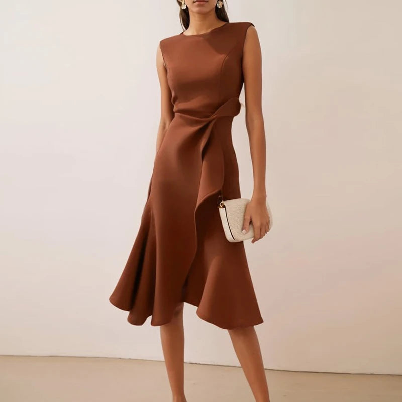 O-Neck A-Line Dress With Knot And Ruffle — Pink | KIMLUD