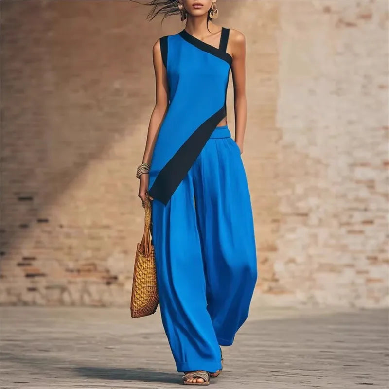 Wide Leg Color Block Pants And Top Set — Black | KIMLUD