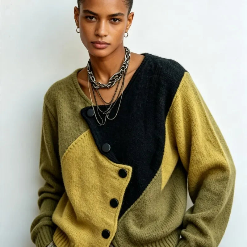 Patchwork Knit Cardigan – Asymmetric Button – Loose Long Sleeve | KIMLUD