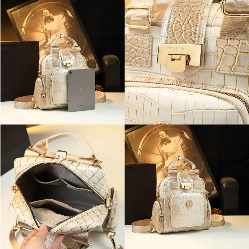 Collage of a light-colored handbag with gold accents, showing different angles and details.
