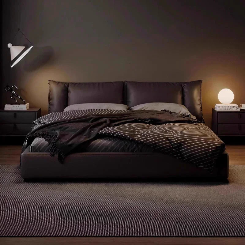 Obsidian Leather King Size Bed With Office Headboards And Frame — Black | KIMLUD