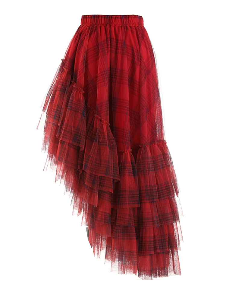 Skirt – High Elastic Waist – Jersey – Red Plaid | KIMLUD
