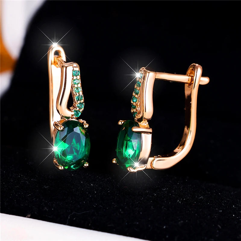 Zircon Stone Oval Hoop Earrings Small Ear Buckle — Green | KIMLUD